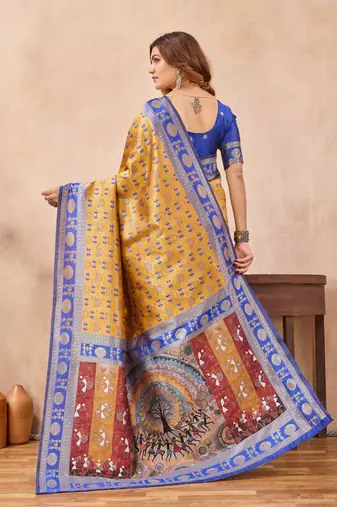 Mustard blue silk blend banarasi saree with unstitched blouse piece