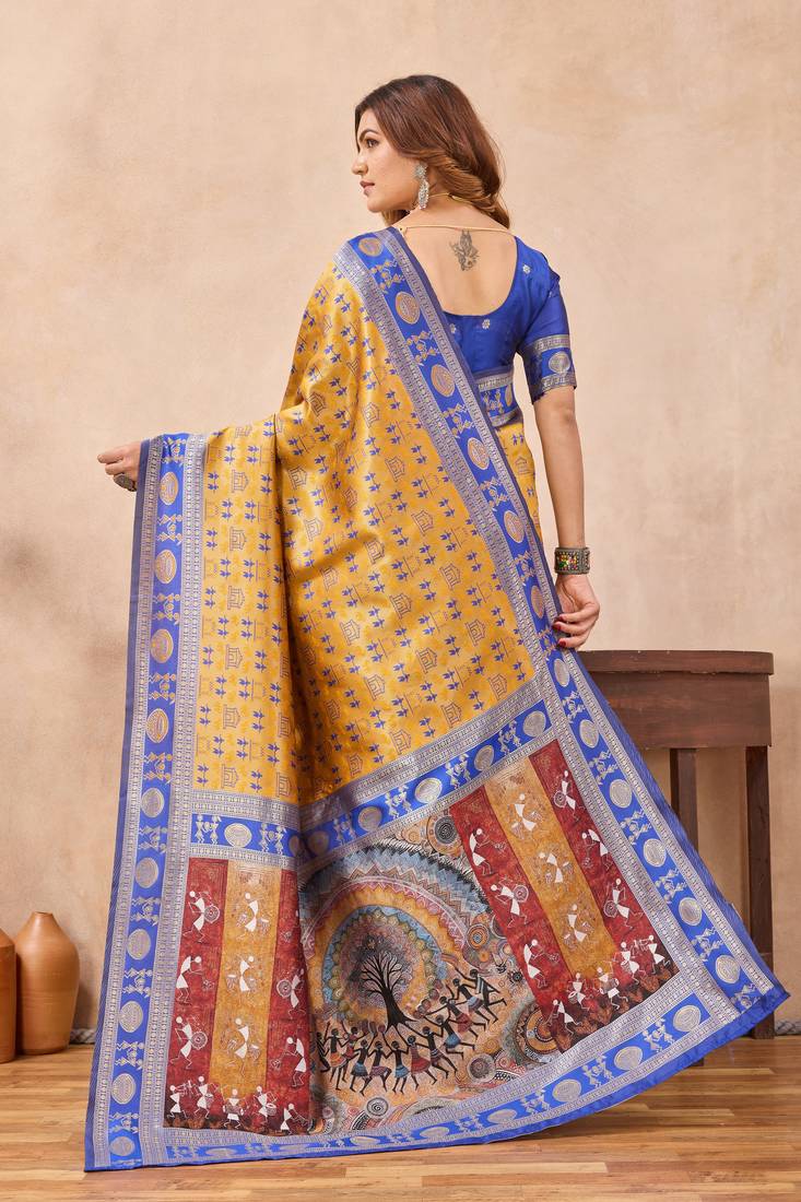 Mustard blue silk blend banarasi saree with unstitched blouse piece
