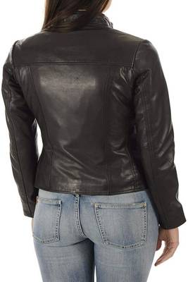 women's black lambskin cafe racer jacket band collar racer style stylish 3