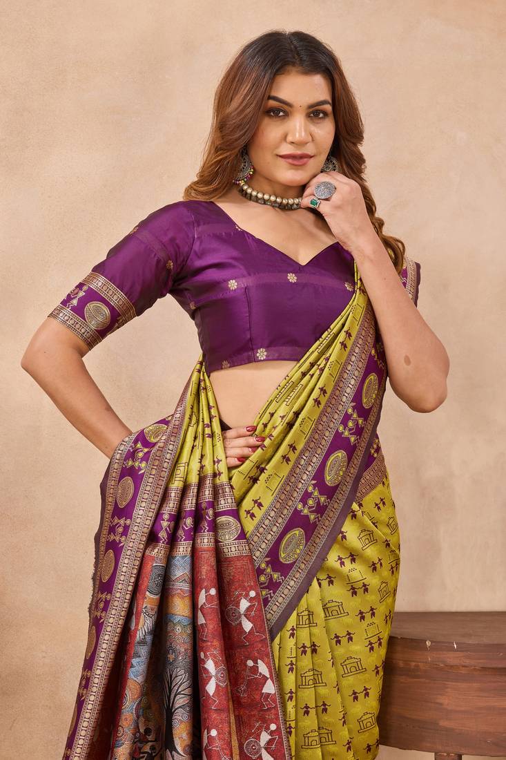 Neon wine soft silk blend banarasi jacuard work designer party wear saree with unstitched blouse piece