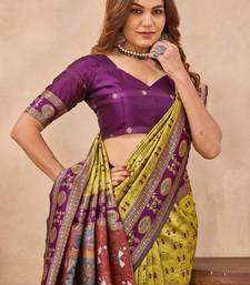 Neon wine silk blend banarasi saree with unstitched blouse piece