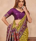 Neon wine silk blend banarasi saree with unstitched blouse piece