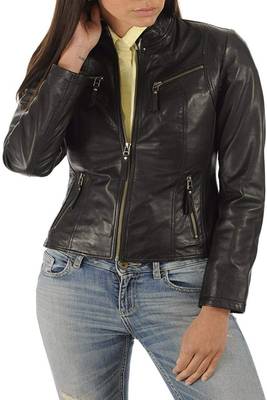 women's black lambskin cafe racer jacket band collar racer style stylish 4