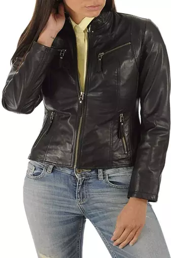 women's black lambskin cafe racer jacket band collar racer style stylish