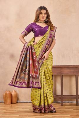 Neon wine silk blend banarasi saree with unstitched blouse piece 2