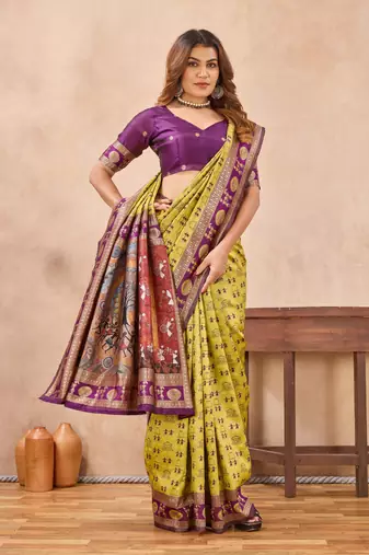 Neon wine silk blend banarasi saree with unstitched blouse piece