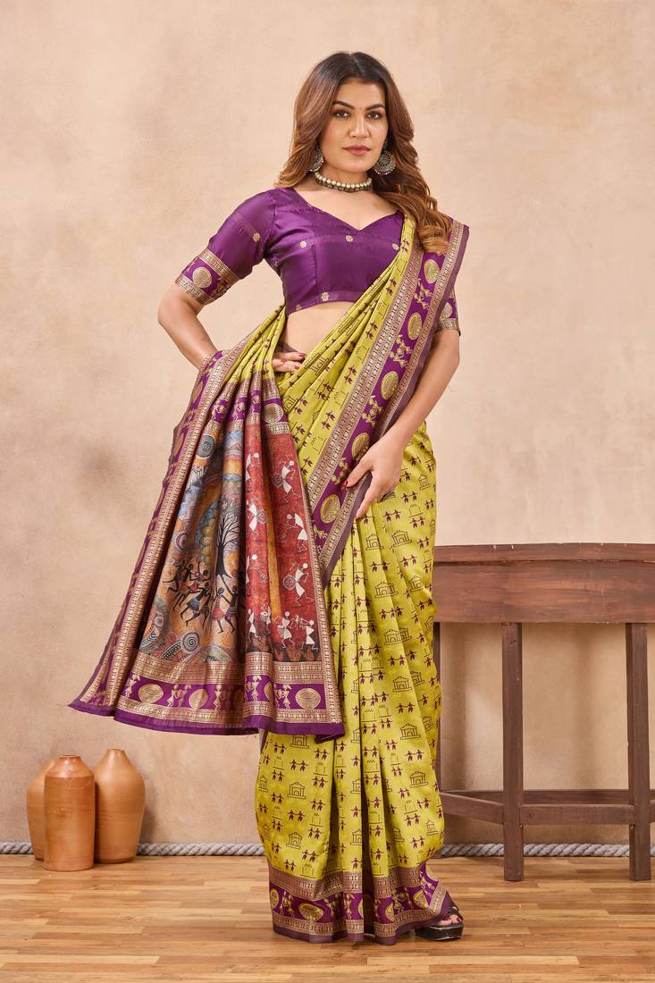 Neon wine silk blend banarasi saree with unstitched blouse piece