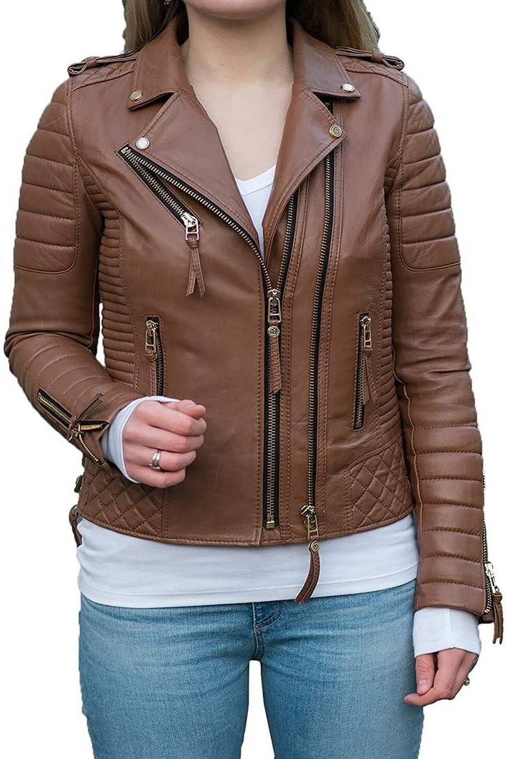 Women’s black lambskin leather jacket- quilted design zipper detail biker stylish look