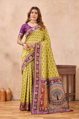 Neon wine silk blend banarasi saree with unstitched blouse piece 3