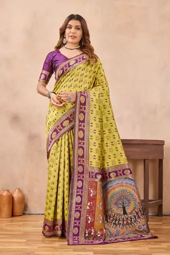 Neon wine silk blend banarasi saree with unstitched blouse piece