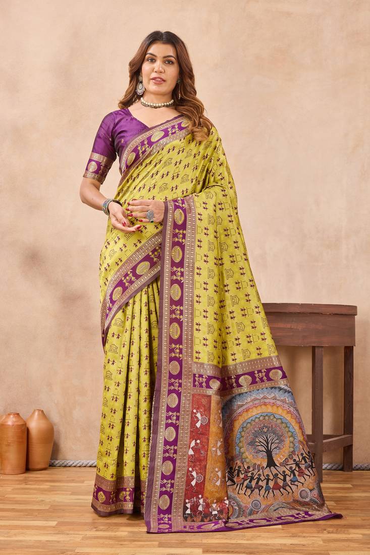 Neon wine silk blend banarasi saree with unstitched blouse piece