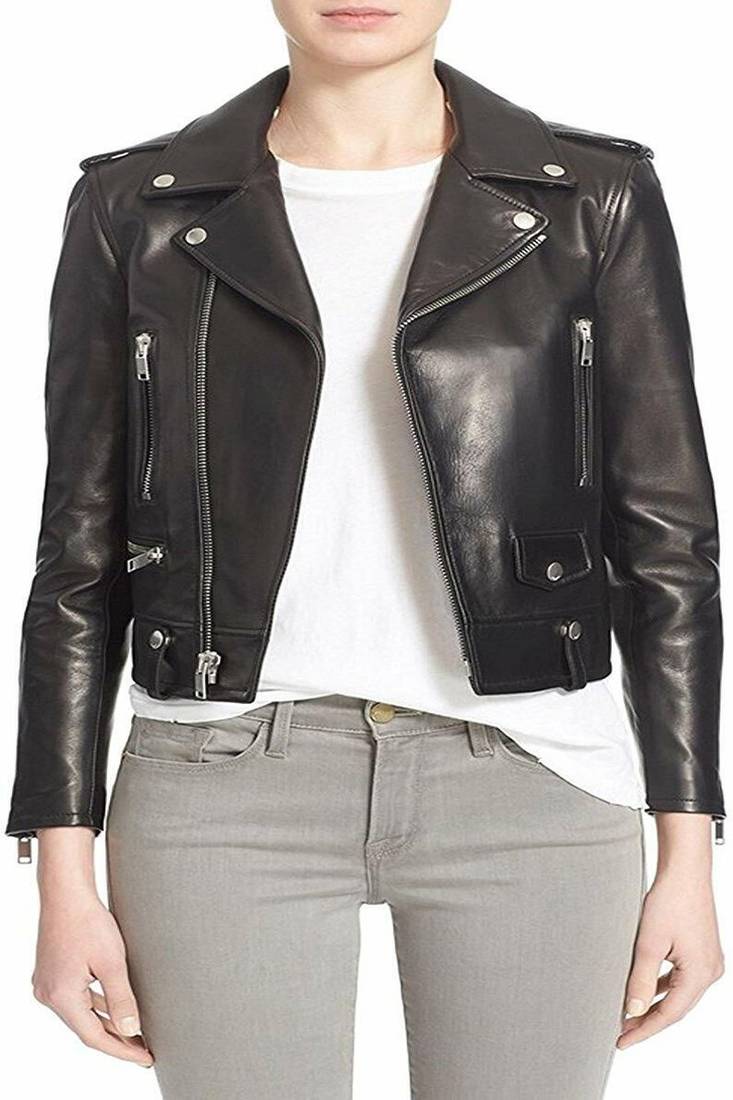 Women’s black quilted design lambskin leather jacket-  zipper detail biker stylish look