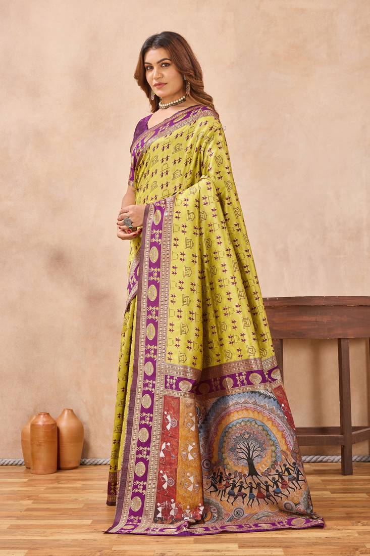 Neon wine silk blend banarasi saree with unstitched blouse piece