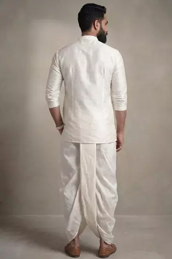 White embroidered dupion silk kurta dhoti