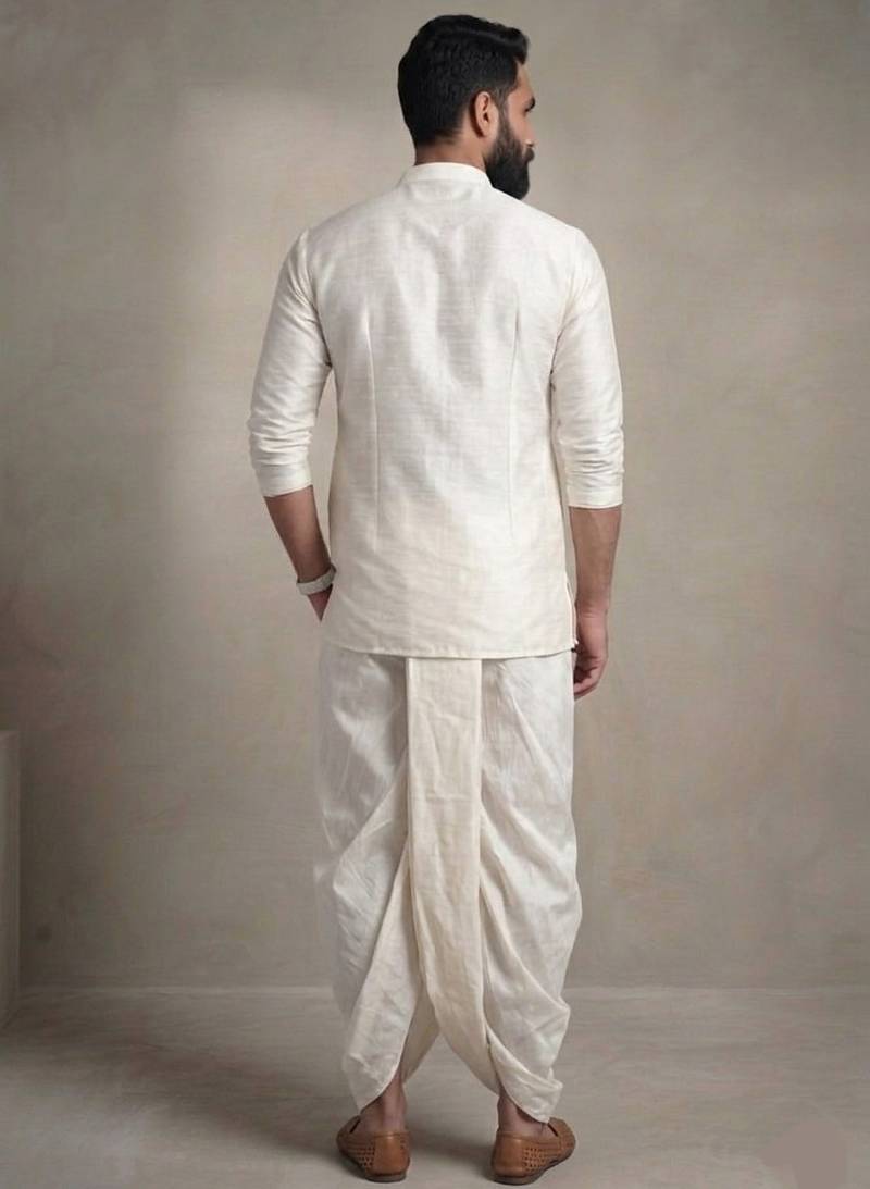 White embroidered dupion silk kurta dhoti