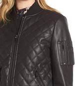Women’s black lambskin leather jacket quilted shoulder stylish look