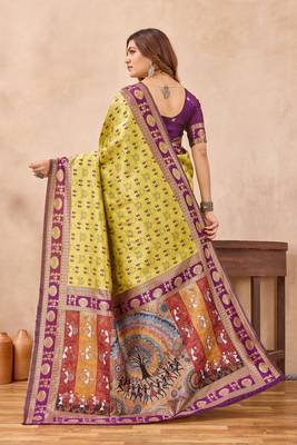 Neon wine silk blend banarasi saree with unstitched blouse piece 5