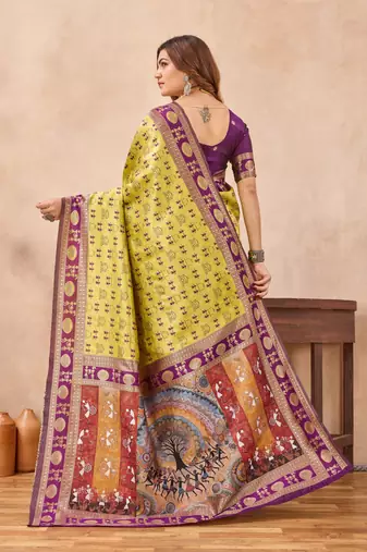 Neon wine silk blend banarasi saree with unstitched blouse piece
