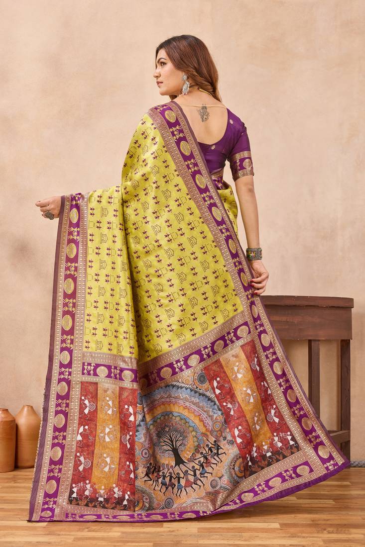 Neon wine silk blend banarasi saree with unstitched blouse piece