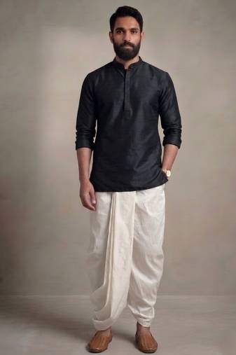 Black embroidered dupion silk kurta dhoti