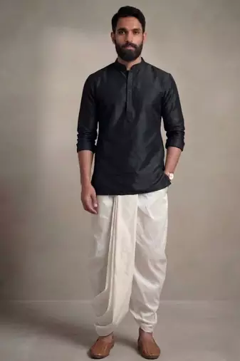Black embroidered dupion silk kurta dhoti
