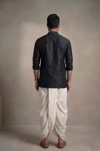Black embroidered dupion silk kurta dhoti