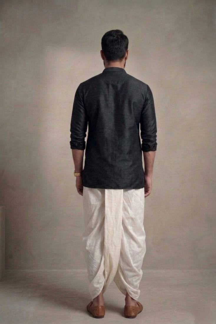 Black embroidered dupion silk kurta dhoti
