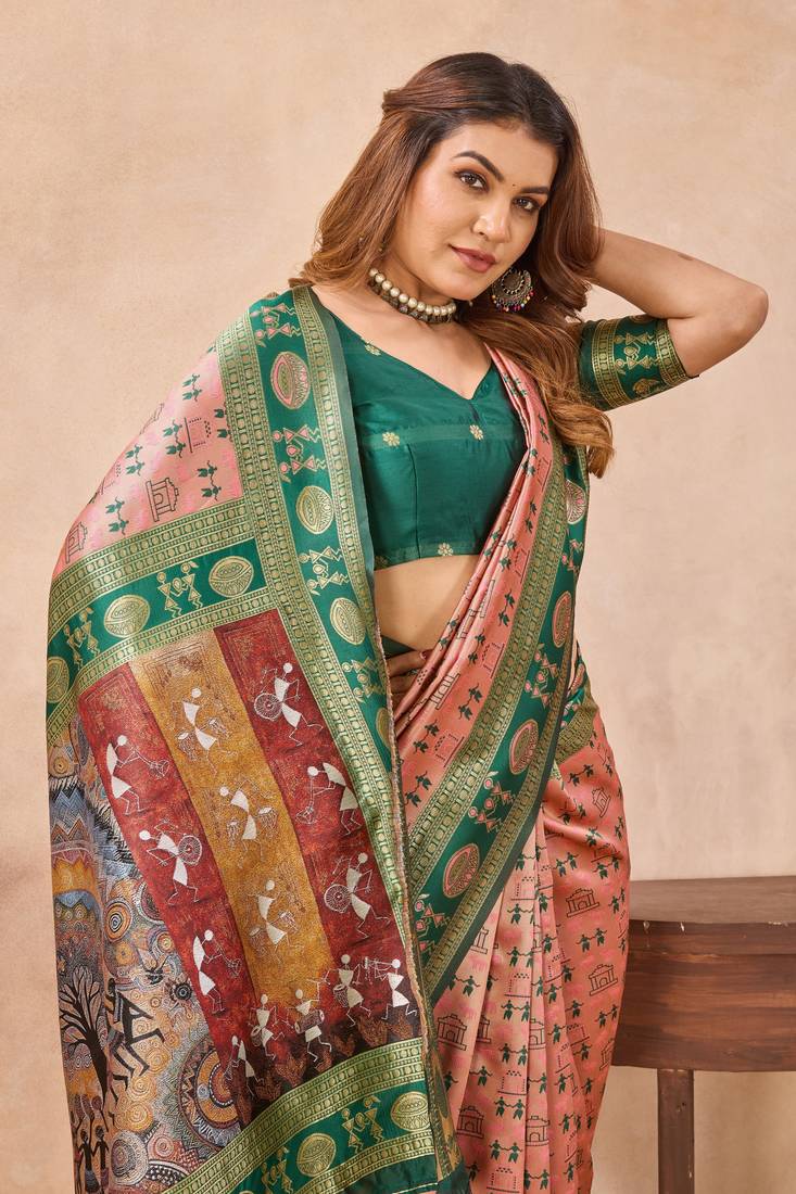 Peach green soft silk blend banarasi jacuard work designer party wear saree with unstitched blouse piece