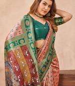 Peach green silk blend banarasi saree with unstitched blouse piece