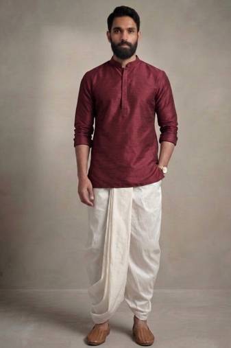 Maroon embroidered dupion silk kurta dhoti