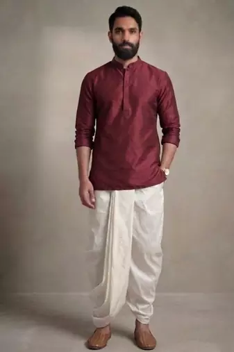 Maroon embroidered dupion silk kurta dhoti