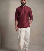 Maroon embroidered dupion silk kurta dhoti
