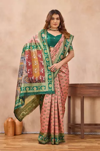 Peach green silk blend banarasi saree with unstitched blouse piece