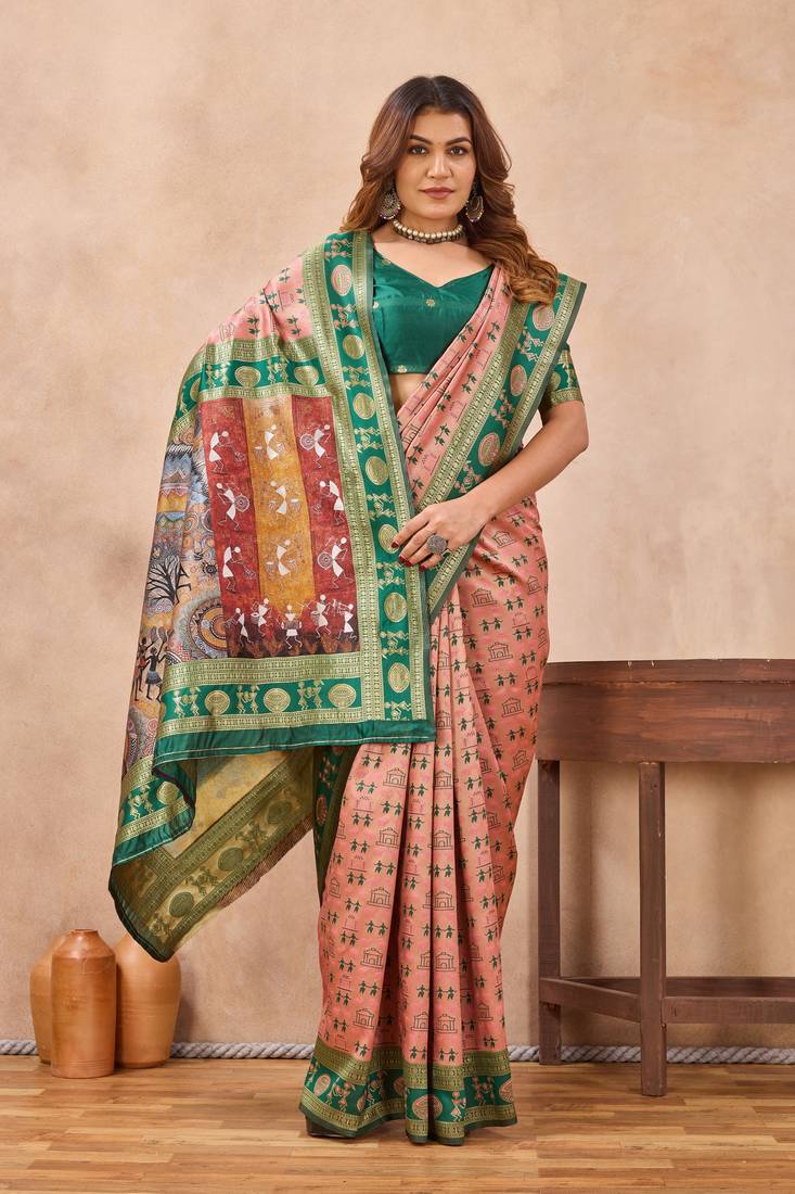 Peach green silk blend banarasi saree with unstitched blouse piece
