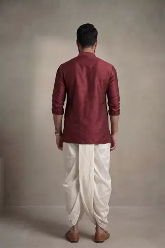 Maroon embroidered dupion silk kurta dhoti