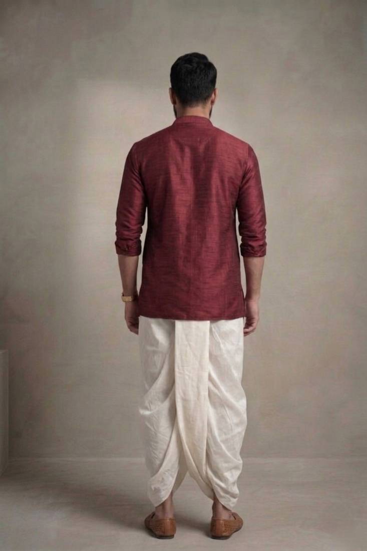 Maroon embroidered dupion silk kurta dhoti