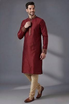 Maroon embroidered dupion silk kurta pyjama 1