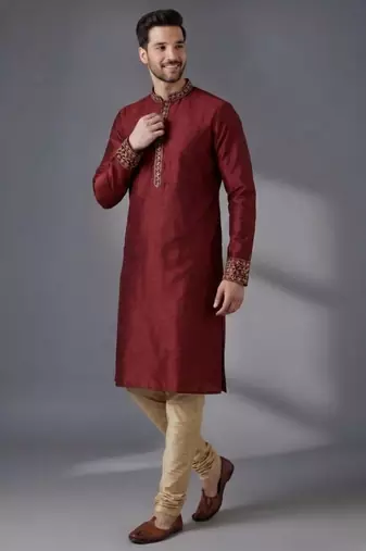 Maroon embroidered dupion silk kurta pyjama