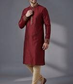 Maroon embroidered dupion silk kurta pyjama