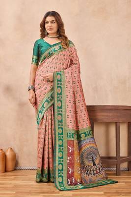 Peach green silk blend banarasi saree with unstitched blouse piece 3