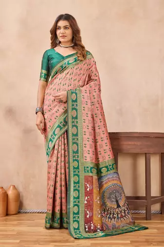 Peach green silk blend banarasi saree with unstitched blouse piece