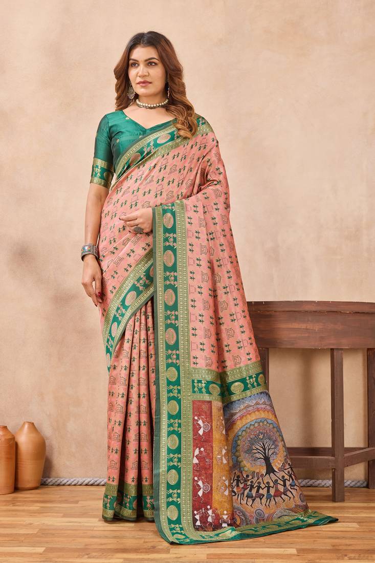 Peach green silk blend banarasi saree with unstitched blouse piece