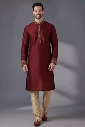 Maroon embroidered dupion silk kurta pyjama