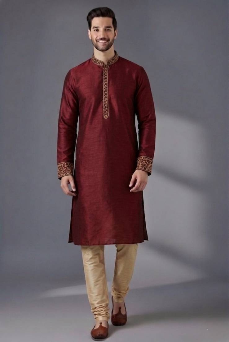 Maroon embroidered dupion silk kurta pyjama