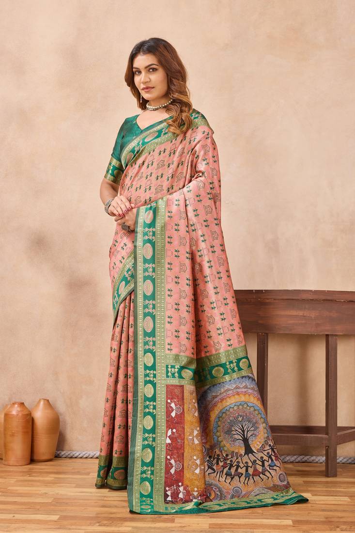 Peach green silk blend banarasi saree with unstitched blouse piece