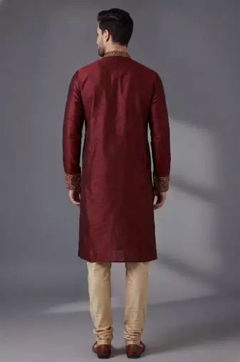 Maroon embroidered dupion silk kurta pyjama