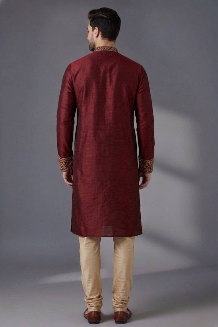 Maroon embroidered dupion silk kurta pyjama