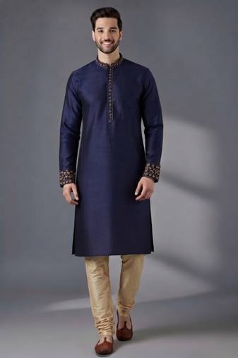 Blue embroidered dupion silk kurta pyjama