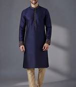 Blue embroidered dupion silk kurta pyjama