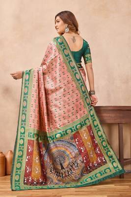 Peach green silk blend banarasi saree with unstitched blouse piece 5